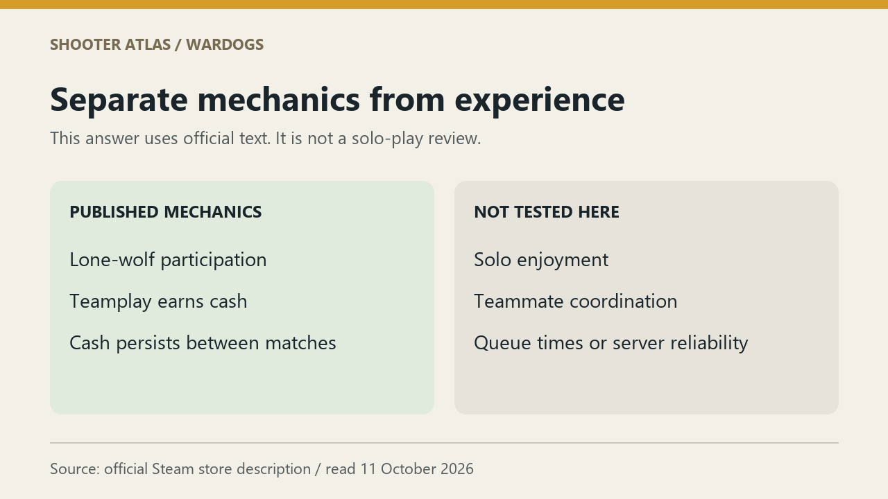 Published mechanics are separate from untested solo enjoyment, teammate coordination, queue times and server reliability